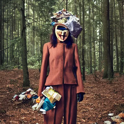 Prompt: a woman with a mask made of garbage and junk in a forest, vogue magazine