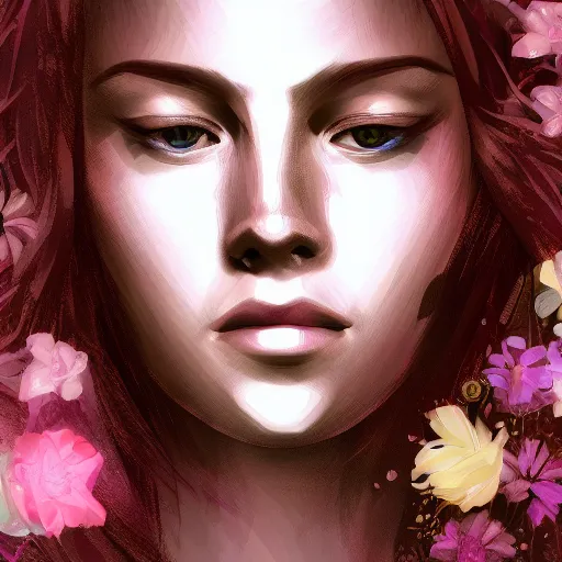 Image similar to high detail portrait of a beautiful woman with her hair down, vaporwave lighting, concept art, soft floral background, beautiful