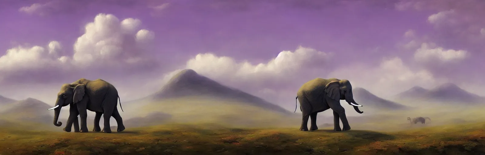 Prompt: A purple elephant standing in a field of clouds, mountains in the background, illustration, detailed, smooth, soft, warm, by Adolf Lachman, Shaun Tan, Surrealism