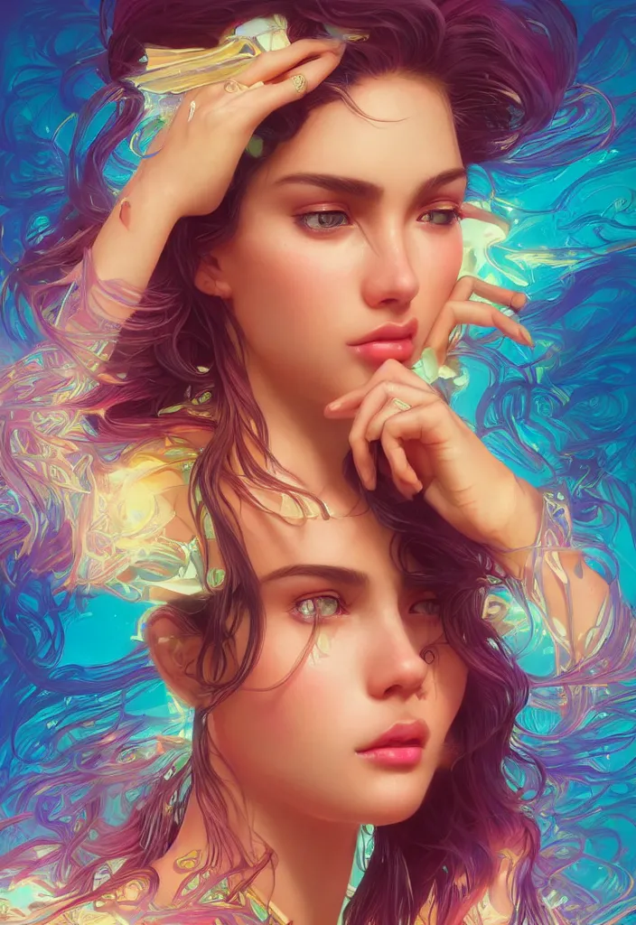 Image similar to beautiful, young woman, detailed gorgeous face, vaporwave aesthetic, synthwave, colorful, psychedelic, artstation, concept art, smooth, extremely sharp detail, finely tuned detail, ultra high definition, 8 k, unreal engine 5, ultra sharp focus, illustration, art by artgerm, greg rutkowski and alphonse mucha
