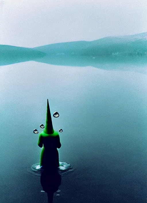 Prompt: “glass unicorn pepe the frog vertically hovering above misty lake waters in jesus christ pose, low angle, long cinematic shot by Andrei Tarkovsky, paranormal, eerie, mystical”