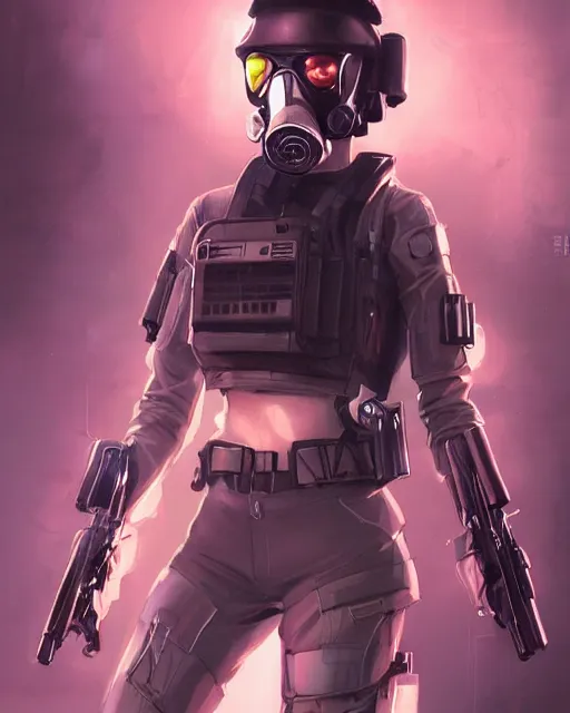 Image similar to anime key visual of a young female swat officer, neon, futuristic gas mask, cyberpunk, futuristic, stunning, highly detailed, digital painting, artstation, smooth, soft focus, illustration, art by artgerm and greg rutkowski and alphonse mucha