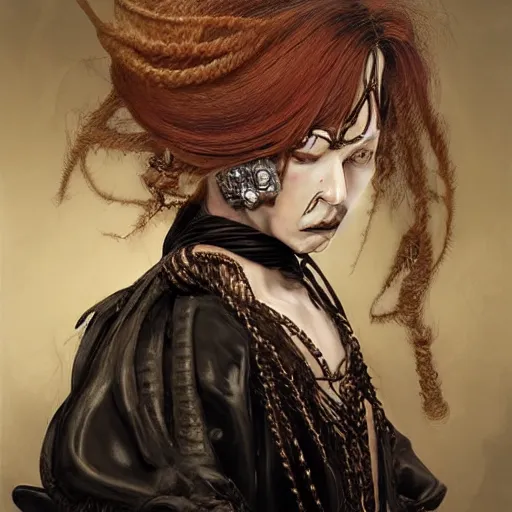 Image similar to portrait of a Shibari rope wrapped face and neck, headshot, insanely nice professional hair style, dramatic hair color, digital painting, of a old 17th century, old cyborg merchant, amber jewels, baroque, ornate clothing, scifi, realistic, hyperdetailed, chiaroscuro, concept art, art by Franz Hals and Jon Foster and Ayami Kojima and Amano and Karol Bak,