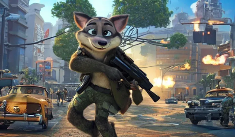 Prompt: screen shot of COD, in Zootopia, Gun at bottom of screen