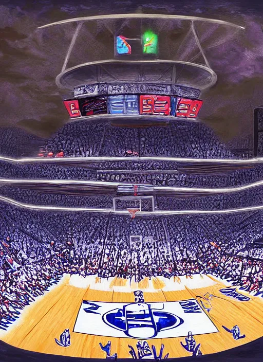 Prompt: fantasy art painting of the outside view of Rupp arena