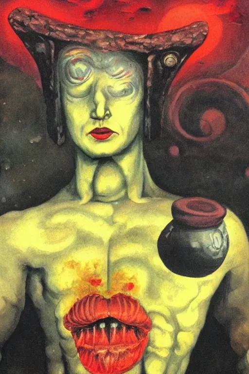Image similar to surreal a lithe brian molko as slaanesh the prince of pleasure in a post apocalyptic hellscape, esoteric symbolism, intense emotional power, red yellow black, palette knife oil painting by peter booth, josh kirby and william blake