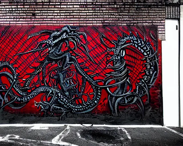 Prompt: a wall that has some lovecraftian graffiti on it inspired by wretched dragon rib cage. red and black colors. the art is horrific.