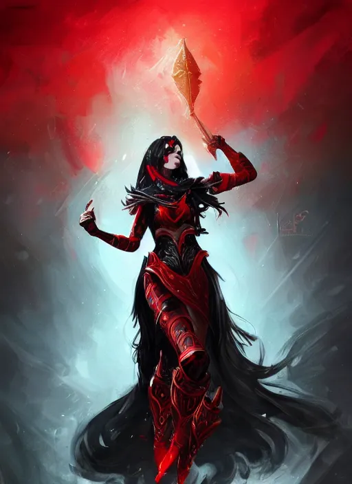 Image similar to a highly detailed illustration of elegant long black haired woman wearing red and black battle dress, heroically posing, with rainbow magic surrounding her, intricate, elegant, highly detailed, centered, digital painting, artstation, concept art, smooth, sharp focus, league of legends concept art, WLOP