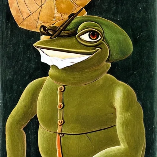 Prompt: pepe the frog in ww 1 military parade, schirmmutzen, pickelhaube, painting by sandro botticelli and leonardo da vinci, uncropped