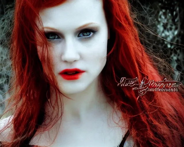 Image similar to award winning 5 5 mm close up face portrait photo of an anesthetic and beautiful redhead vampire lady who looks directly at the camera with bloodred wavy hair, intricate eyes that look like gems and long sharp fangs, in a park by luis royo. rule of thirds.