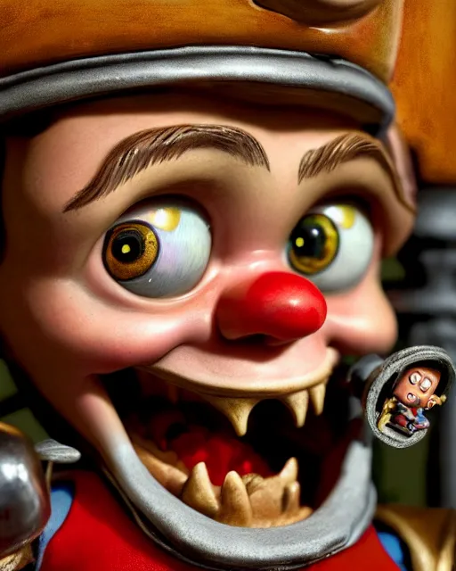 Image similar to highly detailed closeup, face profile portrait of a tin toy leonardo dicaprio as a medieval goblin eating cakes in a castle, hyper realistic, artstation, illustration, nicoletta ceccoli, mark ryden, lostfish, dan decarlo, bob clampett, max fleischer, digital paint, matte paint, vivid colors, detailed and intricate environment