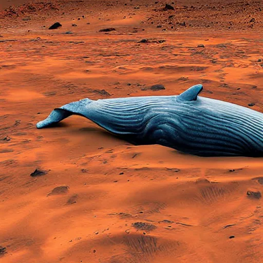 Prompt: whale on mars, photorealistic, very detailed mars soil, high definition landscape, beautiful whale, award winning photograph, nature photography