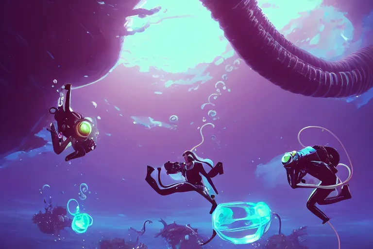 Image similar to afro - futurist scuba divers swimming away from a one - eyed tentacled monster | hyperrealistic digital painting by makoto shinkai, ilya kuvshinov, lois van baarle, rossdraws | afrofuturism in the style of hearthstone and overwatch, trending on artstation