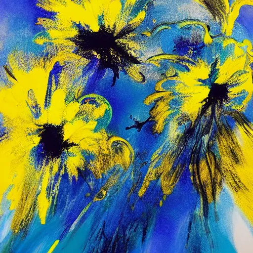 Prompt: an amazing ultrafine airbrush painting of blue and yellow flowers on a black background, by morris louis bernstein, georgia o ’ keefe, and rachel reckitt, deviantart, featured on dribble, metaphysical painting, biomorphic, oil on canvas, bioluminescene