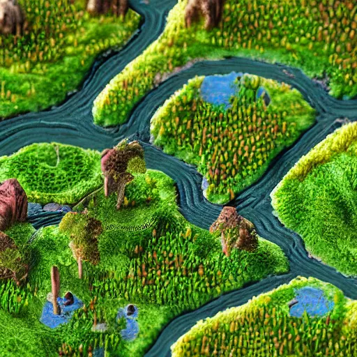 Image similar to isometric miniature photography closeup, h0, 1:87, reaction diffusion, Meadow, hills, highly detailed, satellite image, game map, anno 1404, civilization, unreal engine, megascans texture