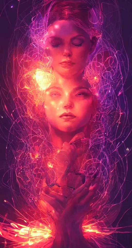 Image similar to she dreams of arcs of purple flame intertwined with glowing sparks, glinting particles of ice, dramatic lighting, steampunk, bright neon, secret holographic cyphers, red flowers, solar flares, high contrast, smooth, sharp focus, intricate art by artgerm and greg rutkowski and ruan jia