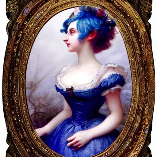 Image similar to Alice in Wonderland,a portrait of a beautiful blue hair girl,Diamonds Blaze,Rose twining,luxuriant,dreamy, eternity, romantic,highly detailed,in the style of Franz Xaver Winterhalter, highly detailed,in the style of Aetherpunk