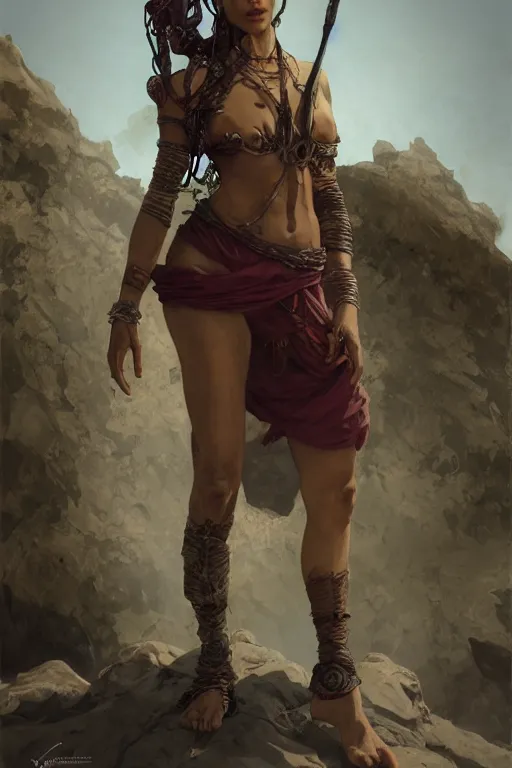 Image similar to a full body portrait of a beautiful post apocalyptic offworld desert bedouin thief savage rogue in beggars clothes in ballet pose by the emerald oasis pools, intricate, elegant, highly detailed, digital painting, artstation, concept art, smooth, sharp focus, illustration, art by krenz cushart and artem demura and alphonse mucha