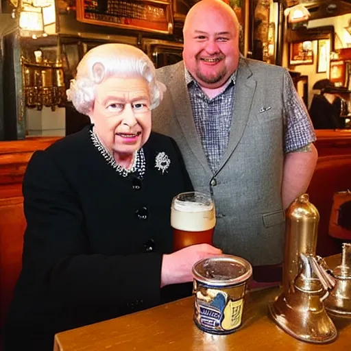 Image similar to Queen Elizabeth having a pint with a fat bald guy at the local pub
