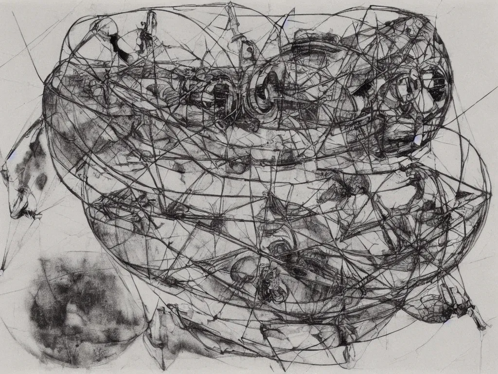 Image similar to study of tied dream bot mothership over the taiga. artwork by hans bellmer