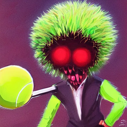 Image similar to a tennis ball monster ,tennis court, tennis racket, digital art, fantasy, magic, trending on artstation, ultra detailed, professional illustration by Basil Gogos