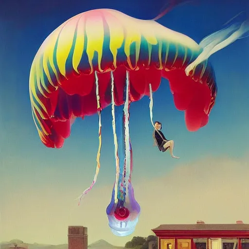 Image similar to Giant jellybean jellyfish fly through the air, as a tornado approaches, by Takashi Murakami, Edward Hopper, Bo Bartlett, and Cynthia Sheppard, Artstation