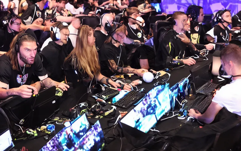 Prompt: soccer player andy carroll intensely gaming at an esports event