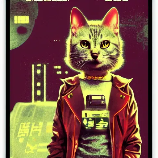 Image similar to cyberpunk cat, retro, movie poster