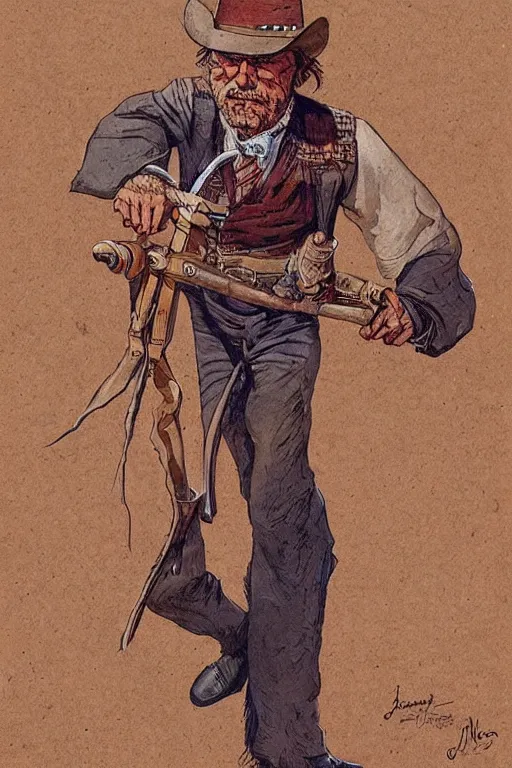 Image similar to vernon. Smug old west circus knife thrower. concept art by James Gurney and Mœbius.