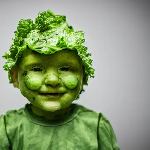 Prompt: a child made of salad, photo realistic, professional photography