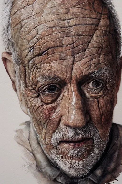 Image similar to portrait of a old man with aquarelle painted skin. trying to say something. close up. very dark brown hair, light eyes. intricate dark flowers pattern background, high detail, by Eddie Mendoza