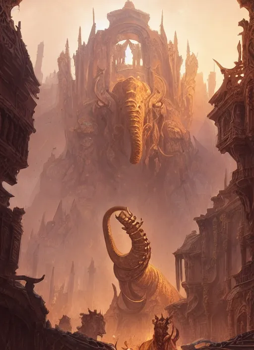 Image similar to golden mammoth in a ruined city, d & d, fantasy, intricate, elegant, highly detailed, digital painting, artstation, concept art, matte, sharp focus, illustration, hearthstone, art by artgerm and greg rutkowski and alphonse mucha