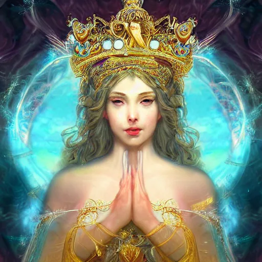 Prompt: highly detailed digital painting of a beautiful goddess of hope! by wlop, bright light emerging from her eyes, wearing a crown, sculpted in white opalescent marble, with lots of thin ornaments, curves and chaotic fractal art inlays, intricate, 8 k, golden aura, cinematic light, background atmospheric effects, sparkles, light rays, mixed with mucha style