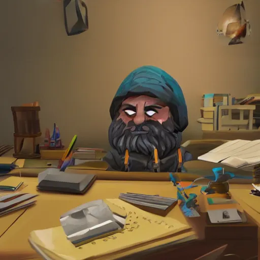 Image similar to A dwarf peeking over his desk surprised like Killroy, the desk is covered in scattered letters, deep rock galactic screenshot, low poly, digital art.