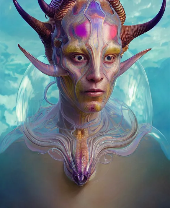 Prompt: intricate colorful transparent portrait of a terrifying beautiful alien sea creature, horns, shells, mottled coloring, adorable, childlike, anxiety environment, ultra realistic, concept art, art nouveau, photorealistic, octane render, 8 k, unreal engine. art by christopher marley and artgerm and greg rutkowski and alphonse mucha