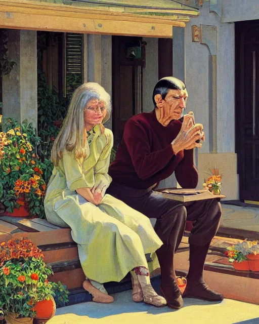 Image similar to a painting of leonard nimoy and janice rand sitting on a porch, a fine art painting by andre charles bieler and by ernest bieler and by jacob philipp hackert, shutterstock contest winner, german romanticism, wimmelbilder, detailed painting, academic art