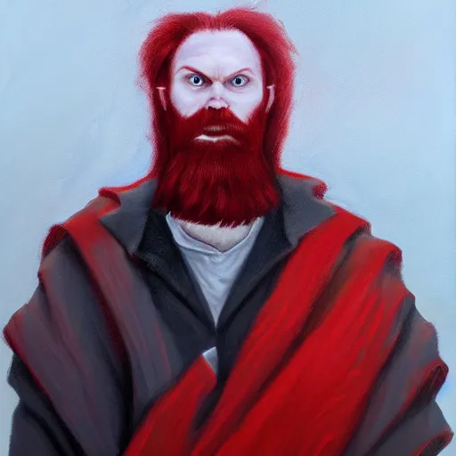 Prompt: grumpy red haired man with red beard, wearing black coat, fire behind him, oil painting, fantasy artwork, fantastic artwork, 4 k, trending on artstation