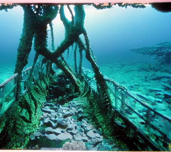 Prompt: bottom of a path with wall of oceans on each side, clear waters full of scary creatures, water horrors, photo pic by james cameron 35mm H 576