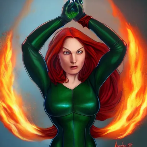 Prompt: jean grey, a full body portrait of jean grey, green eyes, red hair, phoenix rising, flames, comic, x - men, highly detailed, artstation, deviantart, symetry, digital painting, vivid colors, realistic shaded perfect face, volumetric lighting, atmospheric, sharp focus, moody, art by artgerm and greg rutkowski, 8 k