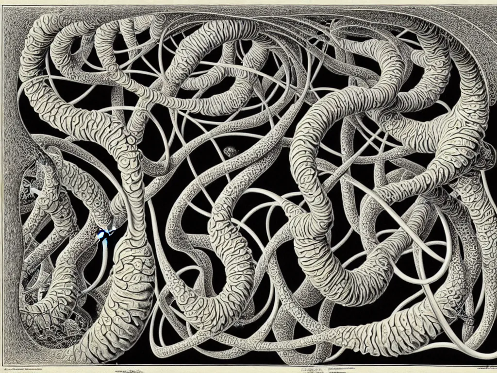 Image similar to neo surrealism, art by ernst haeckel and daniel martin diaz and mc escher