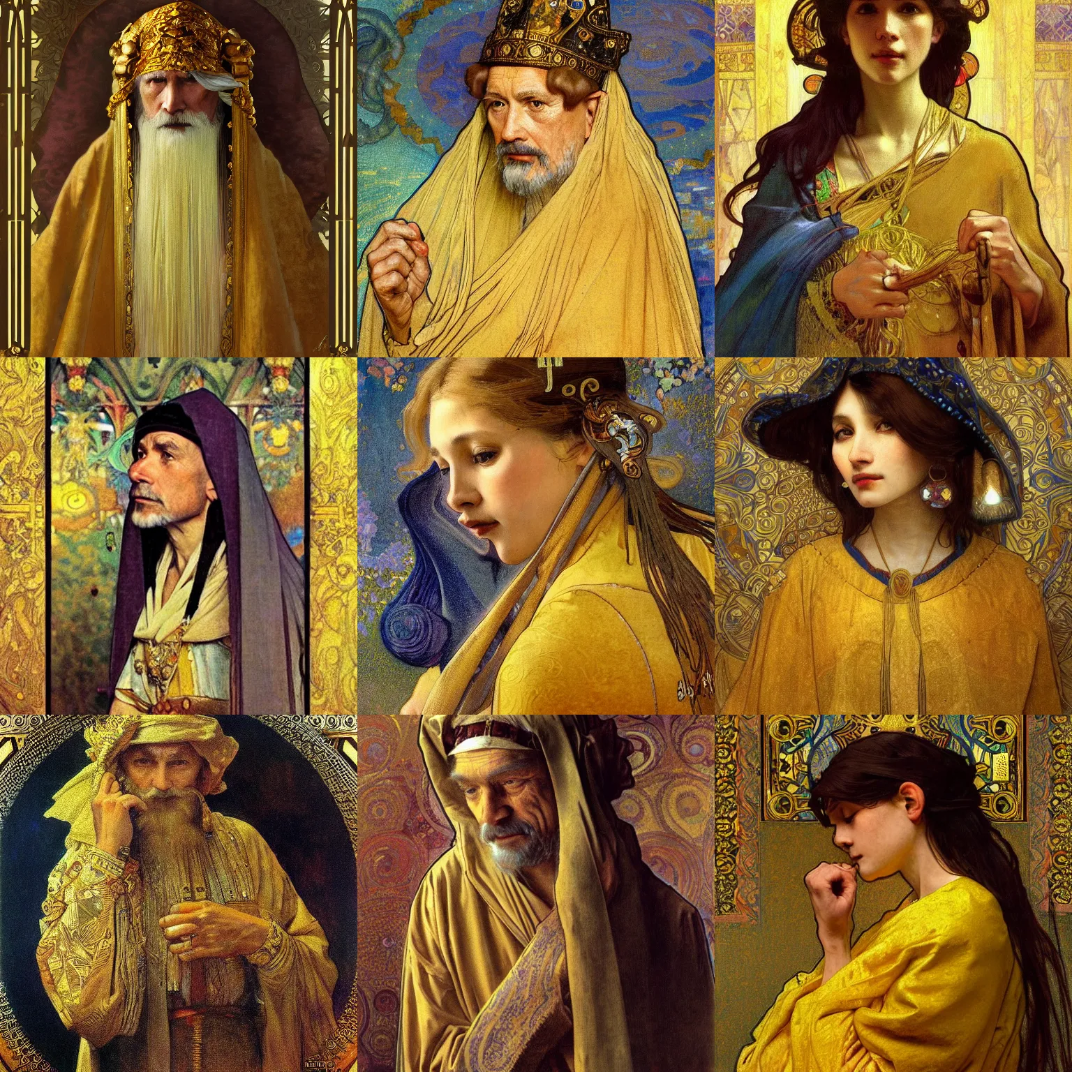 Prompt: detailing character concept portrait painting of sacred king, high fantasy, mythic , old man, art station, trending, editor’s pickup, delicate detailing golden stroke, by Alphonse Mucha and Gustav Klimt, Vermeer, Rembrandt