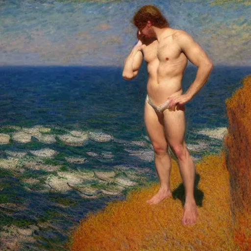 Image similar to an attractive male standing on a cliff, clothed!, looking out at the ocean, by gaston bussiere, craig mullins, j. c. leyendecker, claude monet