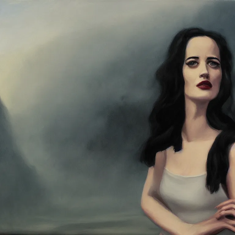 Image similar to portrait of Eva Green on a roof, fog, early morning, , painted by Edward Hopper, painted by Wayne Barlow, airbrush