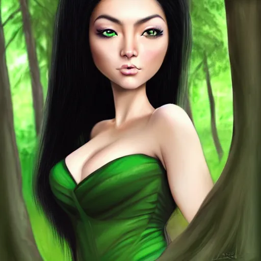 Prompt: gorgeous female Jade Tailor, realistic character concept, black hair, green dress, forest, trees, medium shot, shorter neck, illustration, symmetrical face and body, realistic eyes, artstation, photo realism, cinematic lighting, hyperdetailed, detailed realistic symmetrical eyes, symmetrical nose, symmetrical pupils, symmetrical nostrils, face by artgerm, symmetrical nose, cgsociety, 8k, high resolution, Charlie Bowater, Tom Bagshaw, single face, insanely detailed and intricate, beautiful, vfx, postprocessing