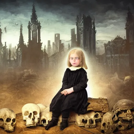 Image similar to a color photo of young sad victorian gothic child with big eyes and wide grin sitting on a sofa of bones surrounded by a cyber futuristic cityscape made of human body parts, ultra detailed, 8 k resolution, beautiful lighting, expansive detailed layered city, landscape, sigma 8 5 mm, award winning photography