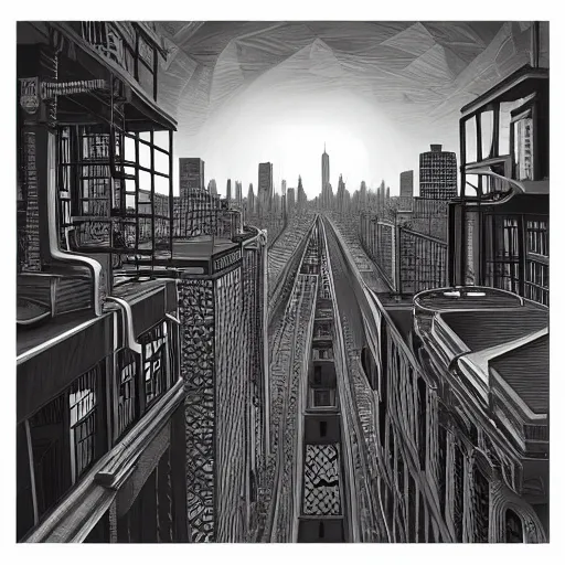 Prompt: Brooklyn skyline painting by MC Escher, realistic, abstract, ambient lighting, atmospherical, stunning visuals, creative, cinematic, ultra detailed, trending on art station