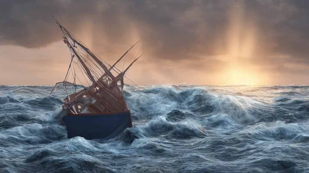 Image similar to a small fishing boat on the ocean being tossed around in heavily crashing waves, dusk, rule of thirds, rendered in octane, Corona, vray and Arnold, insanely detailed, photorealistic, cinematic, crepuscular rays, no grain