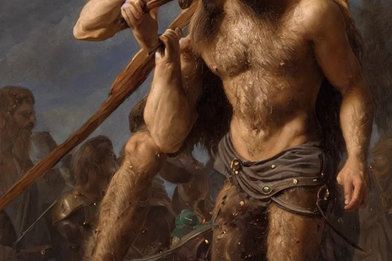 Image similar to renaissance painting full body portrait of a gruff ranger with a spear, lean and toned, handsome face, hairy chest and hairy body, D&D, intricate, elegant, highly detailed, digital painting, artstation, concept art, matte, sharp focus, chiaroscuro, well list, illustration, art by Artgerm and Greg Rutkowski and Alphonse Mucha