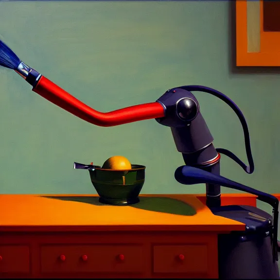 Prompt: beautiful illustration of a robotic arm holding a paintbrush in front of a canvas by Edward Hopper, clean lines, very detailed, colorful octane render