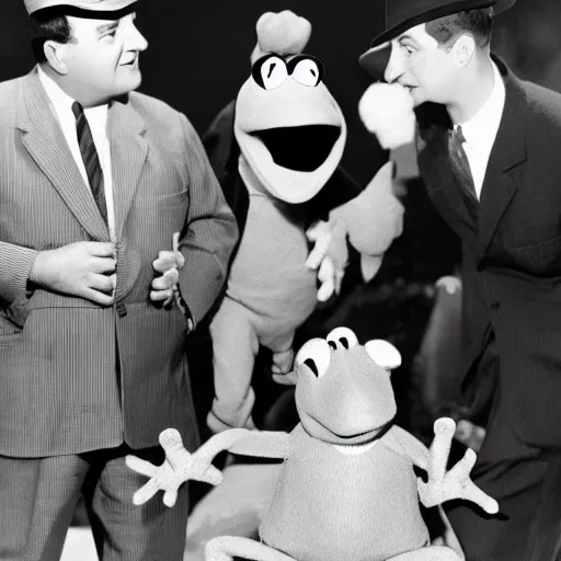 Image similar to Abbott and Costello meet Kermit the Frog